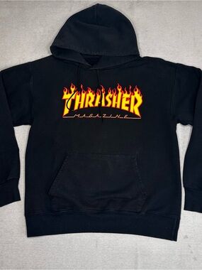 Thrasher Black Hoodie with Yellow and Red Flame Logo